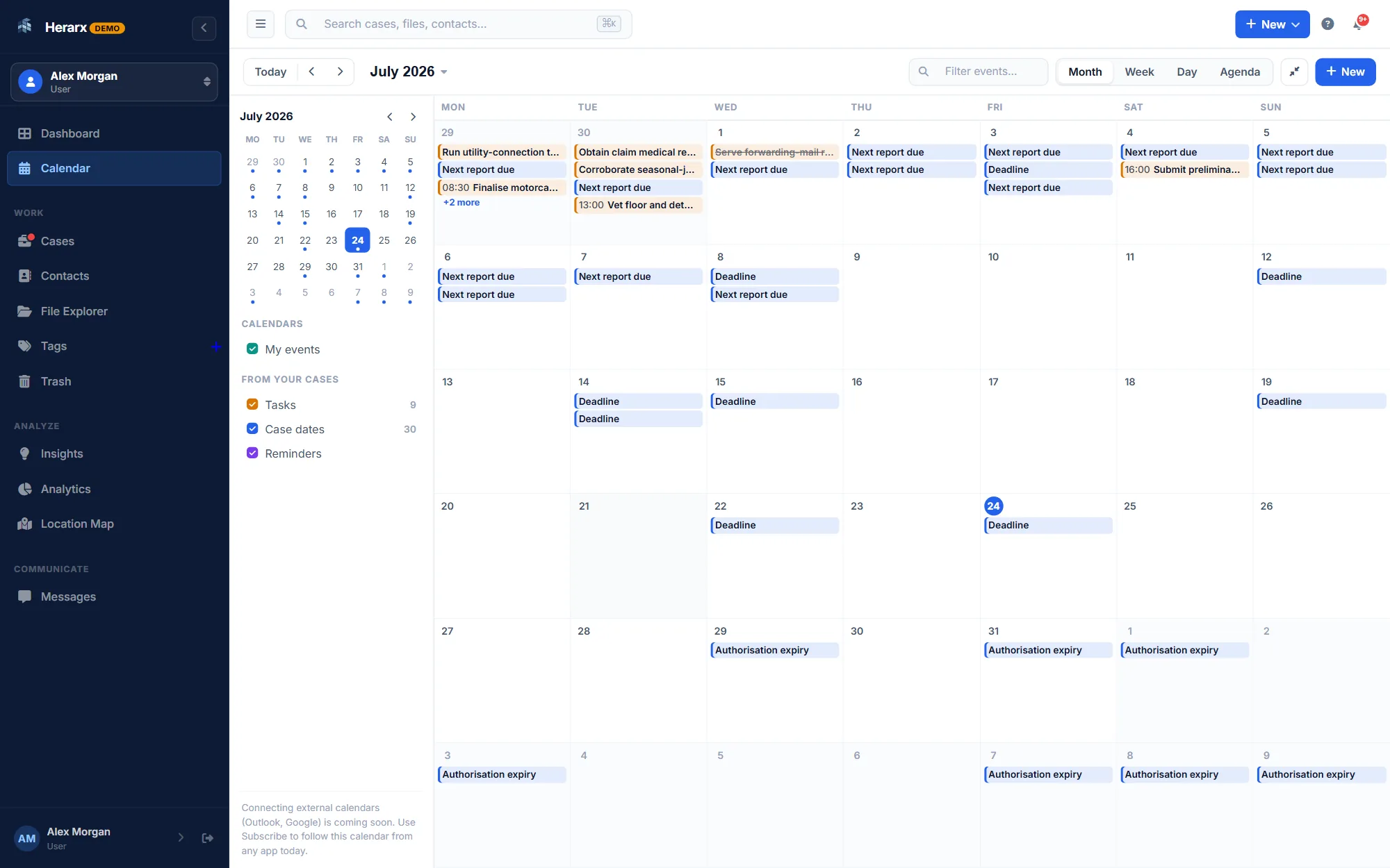 Herarx workspace calendar
