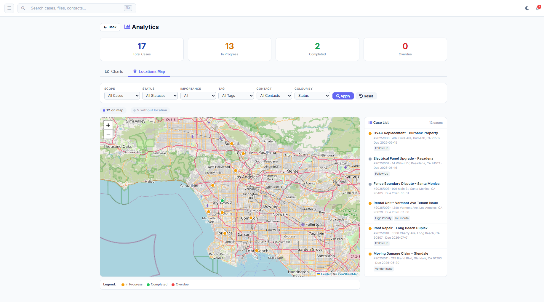 Herarx analytics locations map — case pins with filters