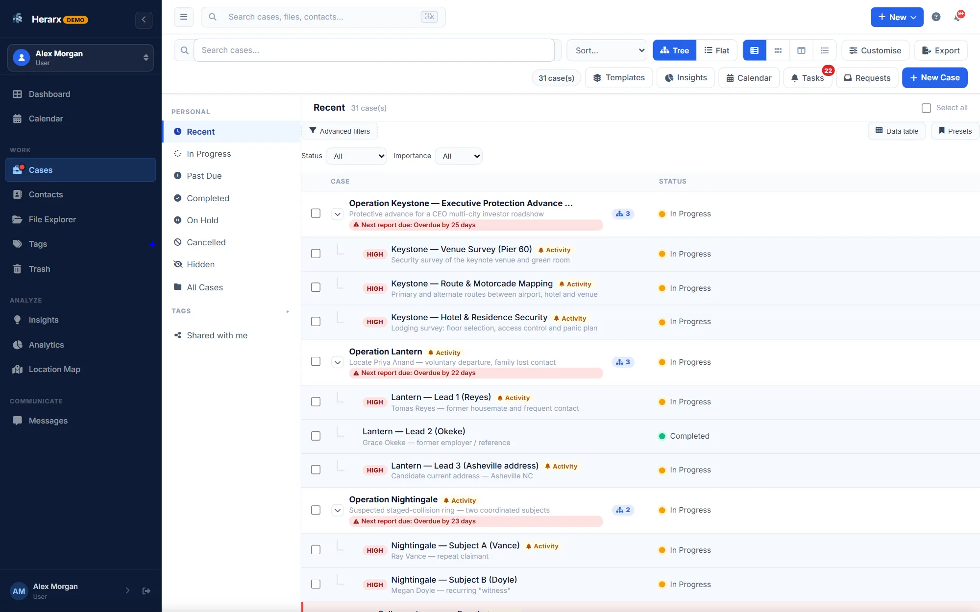 The demo cases list: operations with sub-cases, status and report warnings