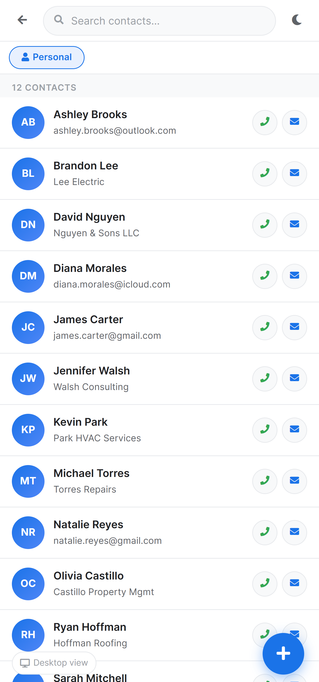Herarx contacts — mobile light mode